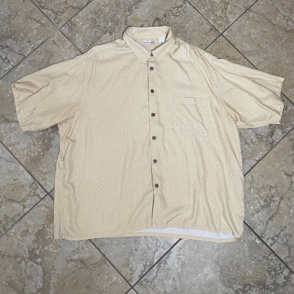 Caribbean Joe XXL Silk Cotton Button Down Shirt Beige Pattern Mens